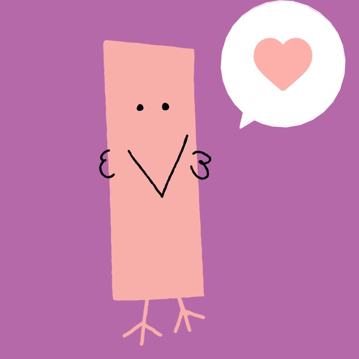Bitesize artwork of the pink letter I monster holding a heart